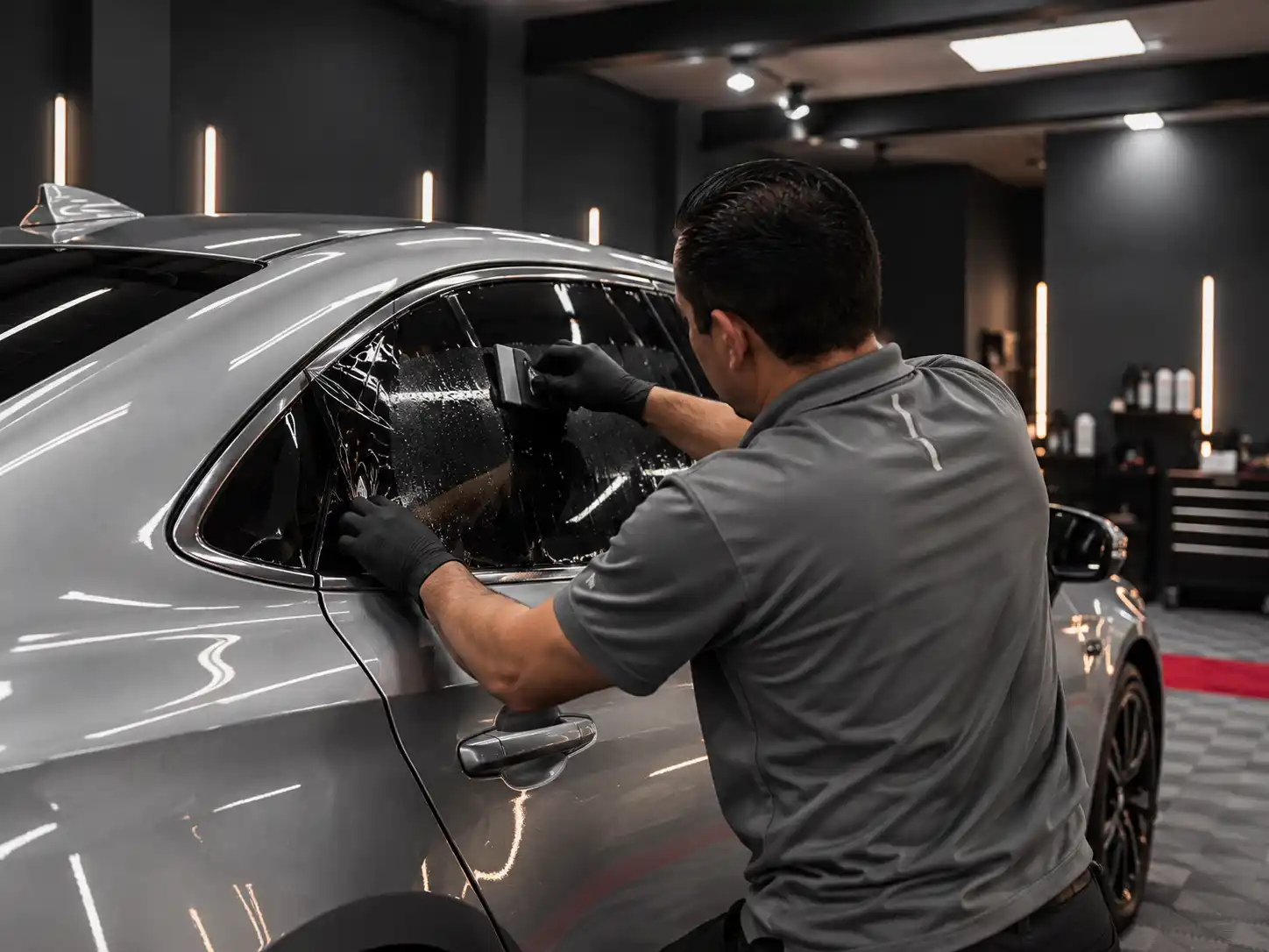 Instalación de polarizado XPEL en SUV dentro del taller